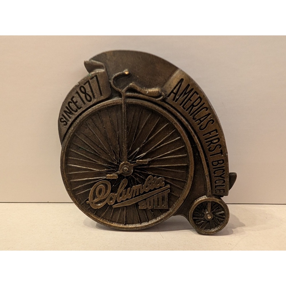 Columbia High Wheel Bike Belt Buckle America 1st Bicycle Vtg 70s Bergamot‎ Brass